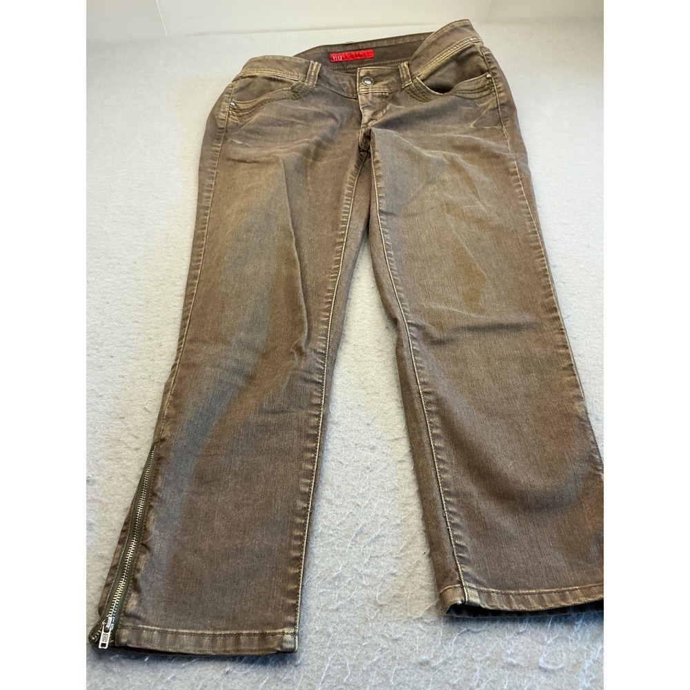 Elle Brown Metallic Coated Denim Ankle Zip Pants Embroidered Pocket‎ Size 10